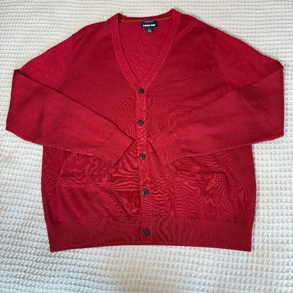 Lands End Supima Cotton Cardigan Sweater Mens Large 42-44 Red Grandpacore - Picture 1 of 9